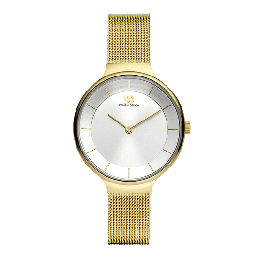 Danish Design Damenuhr mit rundem Zifferblatt, goldfarbenem Milanaiseband und Mineralglas
