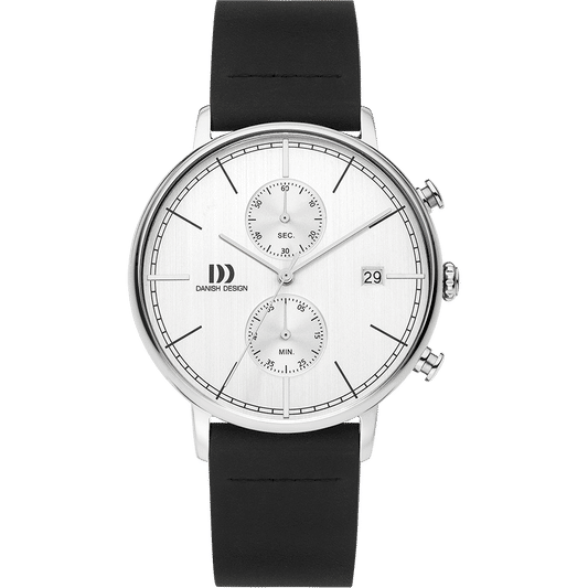 Herren-Chronograph mit silbernem Gehäuse, weißem Zifferblatt, schwarzem Lederband