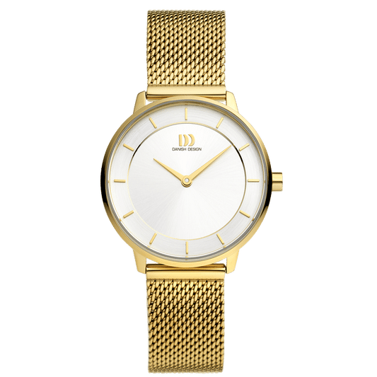 Goldfarbene Damenarmbanduhr mit rundem Zifferblatt und Milanaise-Armband, Mineralglas