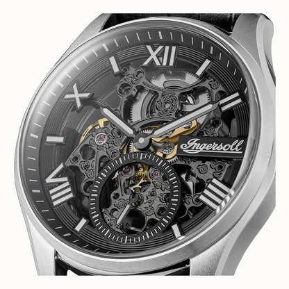 Herrenarmbanduhr Ingersoll: großes Zifferblatt mit Automatik-Skelettwerk, schwarzer Optik.