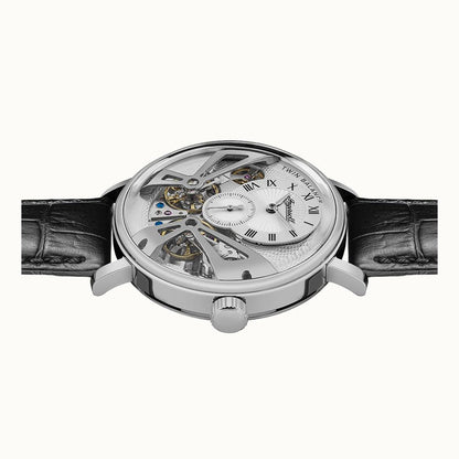 Ingersoll Automatik-Armbanduhr mit silbernem Gehäuse, schwarzem Lederband und offenem Zifferblatt
