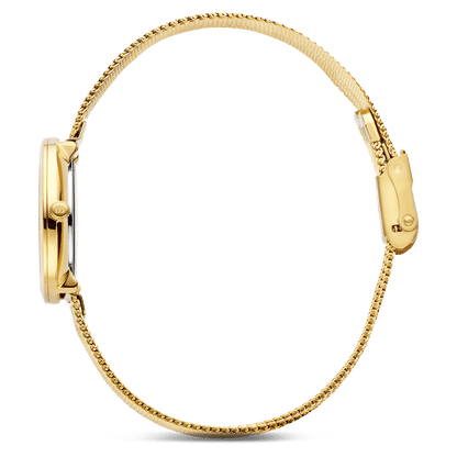 Goldfarbene Damenuhr im Seitenansicht mit Milanaise-Armband und breiter Schließe