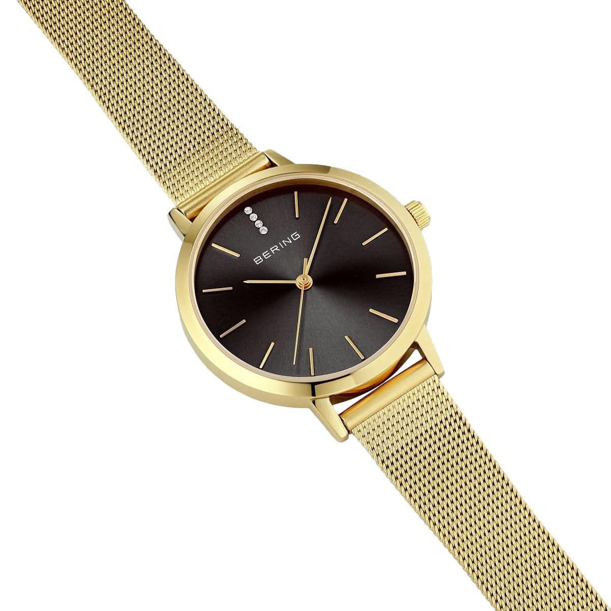 "Damklocka i snedbild: guld färgad rund ram, svart urtavla, Milanese-armband"