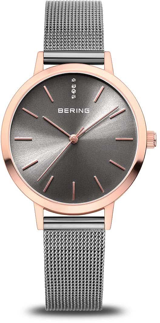 Bering damklocka med silverfärgat Milanese-band och mörk urtavla, roséguldpläterad infattning