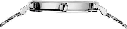 Klockfodral uppifrån med krona och metallänkband på en damklocka
