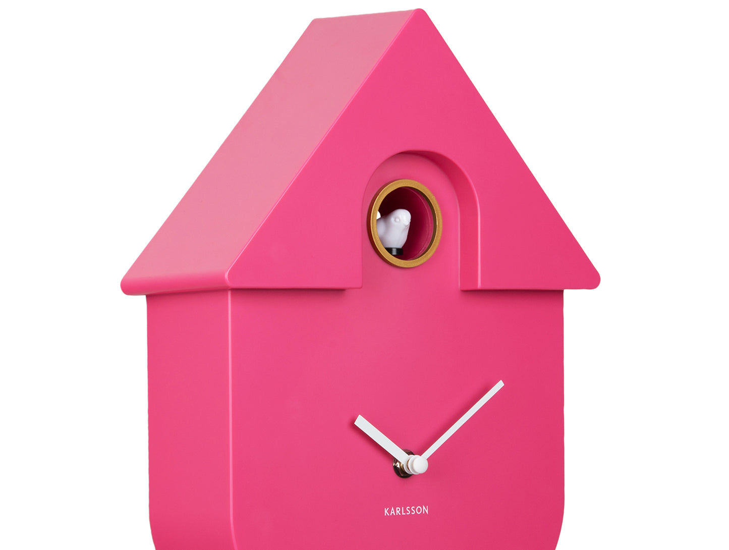 Väggklocka i gökstil, rosa hus med visare och infälld öppning