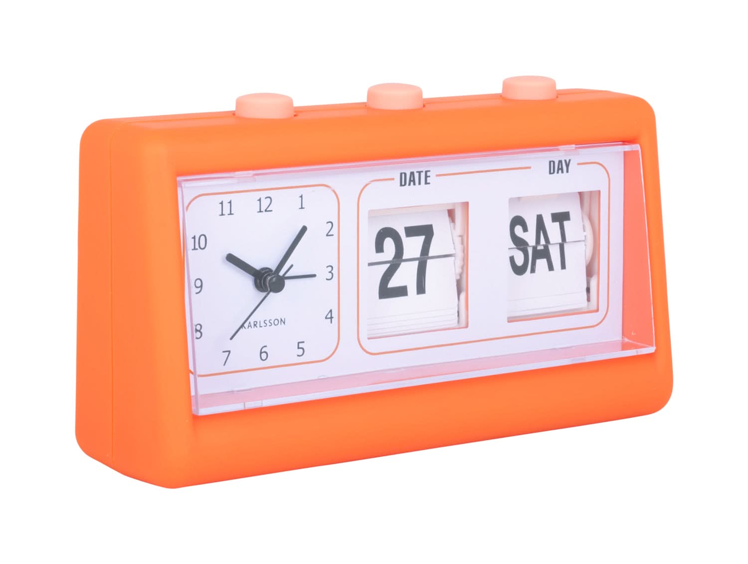 Orange väckarklocka med bläddersiffror, visar datum 27 och SAT