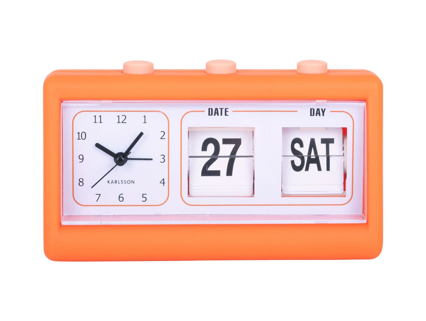 Orange väckarklocka med blädderfunktion för datum och veckodag, analoga visare