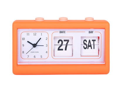 Orange väckarklocka med blädderfunktion för datum och veckodag, analoga visare