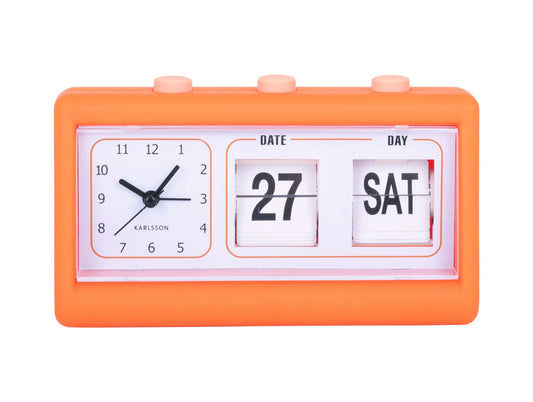 Orange väckarklocka med blädderfunktion för datum och veckodag, analoga visare
