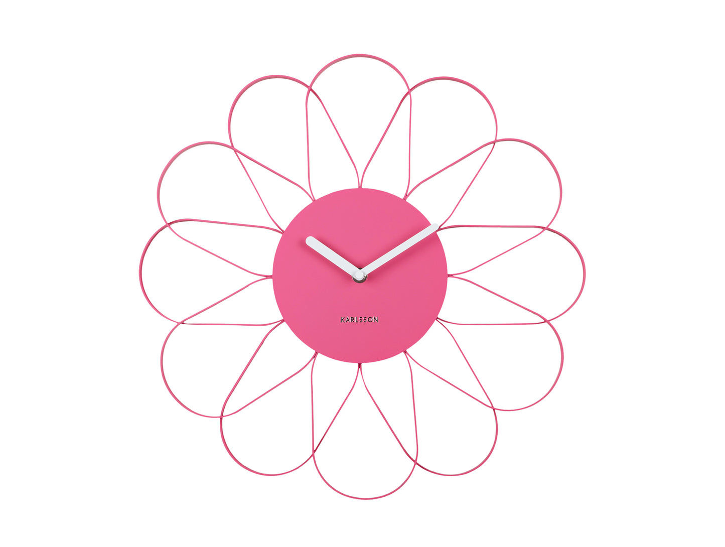 Väggklocka i blomform med rosa urtavla och infälld urverksdetalj