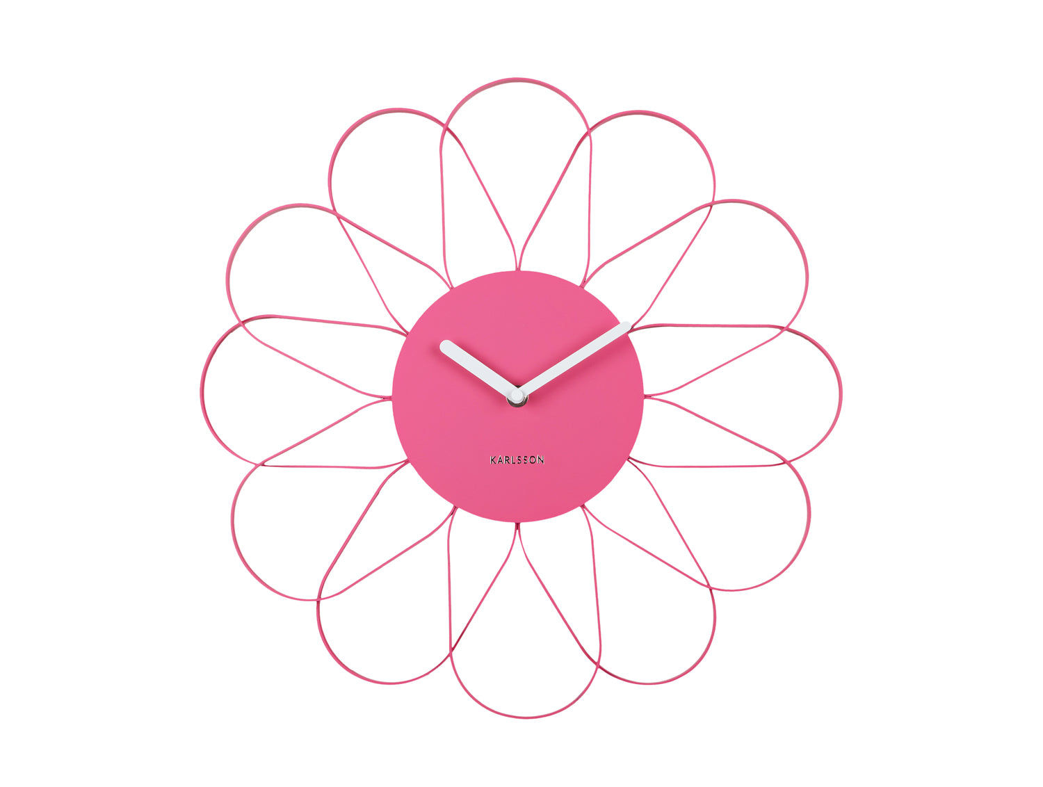 Väggklocka i blomform med rosa urtavla och infälld urverksdetalj