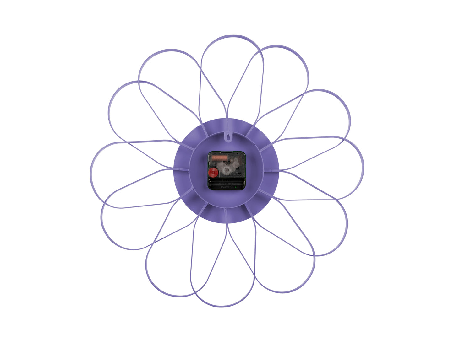 Blomformad väggklocka med exponerat urverk i mitten av den lila baksidan