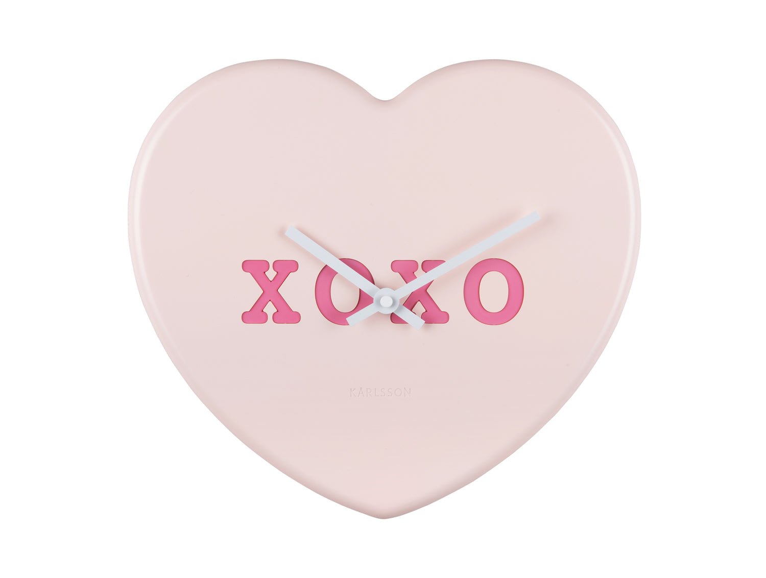 Hjärtformad väggklocka mjukrosa med XOXO-display och visare