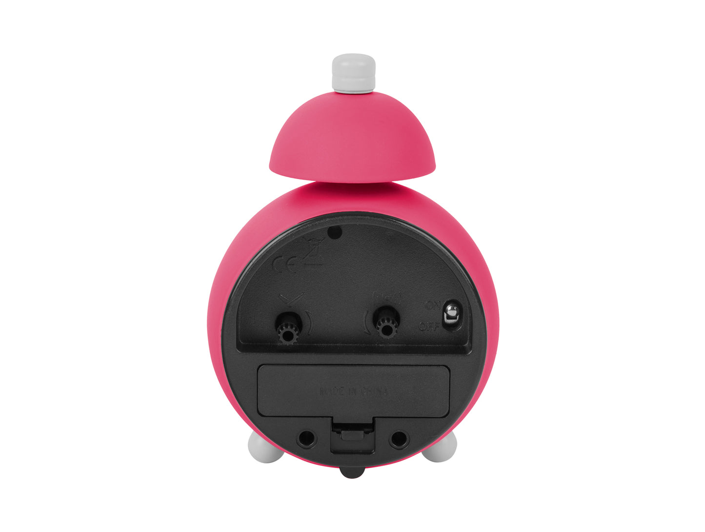 Rosa väckarklocka sedd bakifrån med batterifack och anslutningar på undersidan