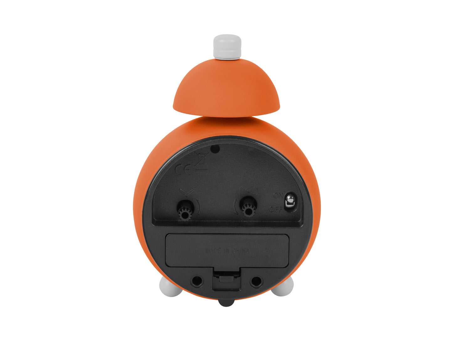 Neonorange väckarklocka, baksida med batterifack och anslutningar
