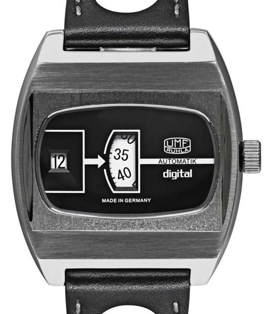 Herrklocka med svart urtavla, automatisk och digital display, svart läderarmband