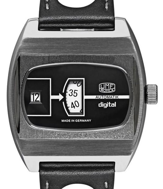 Herrklocka med svart urtavla, automatisk och digital display, svart läderarmband
