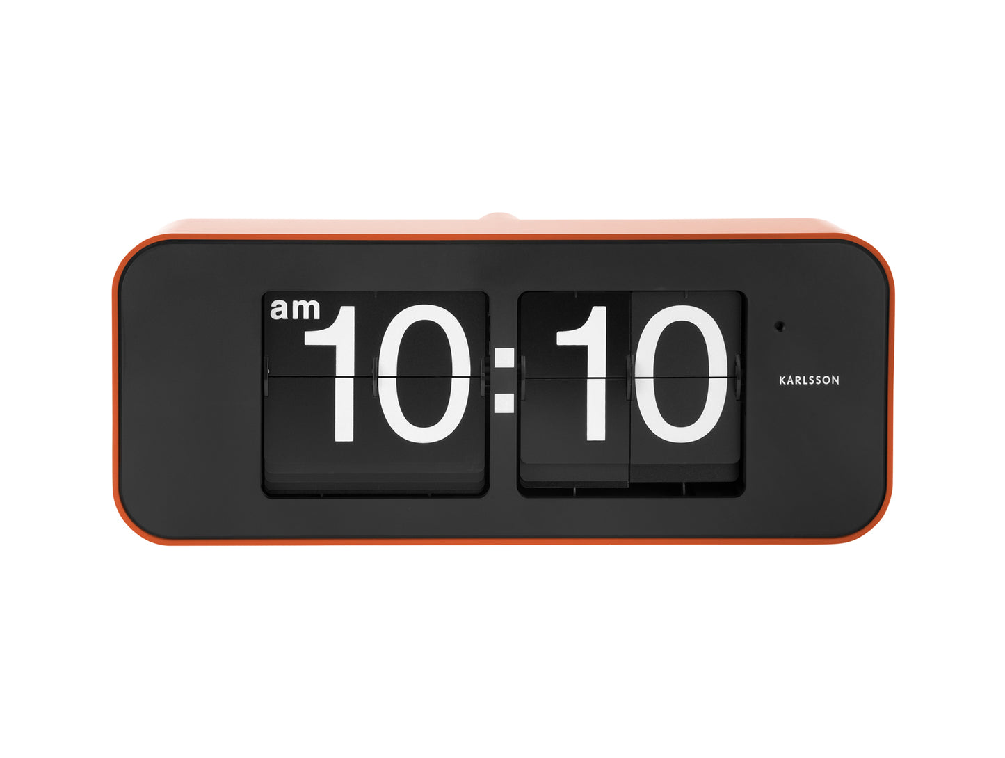 Orange väggklocka med fällbara siffror, dubbel display 10:10, svart front