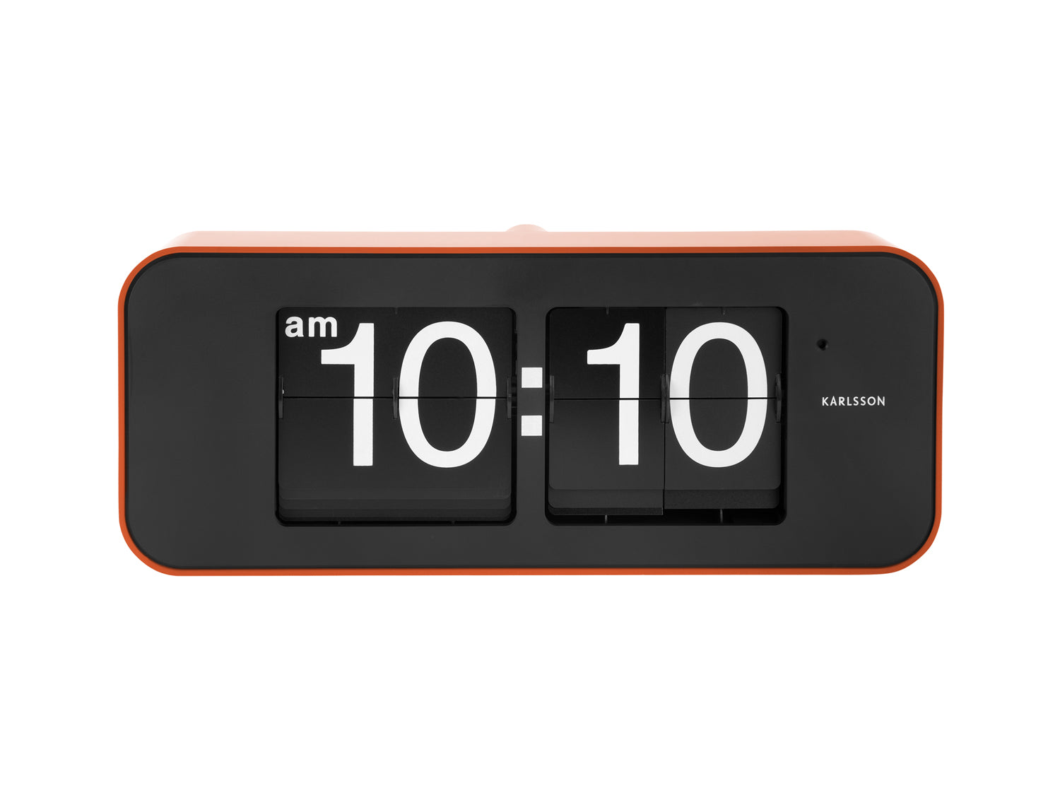Orange väggklocka med fällbara siffror, dubbel display 10:10, svart front