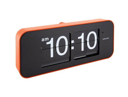 Orange väggklocka med fällbara siffror, dubbel display 10:10, svart front