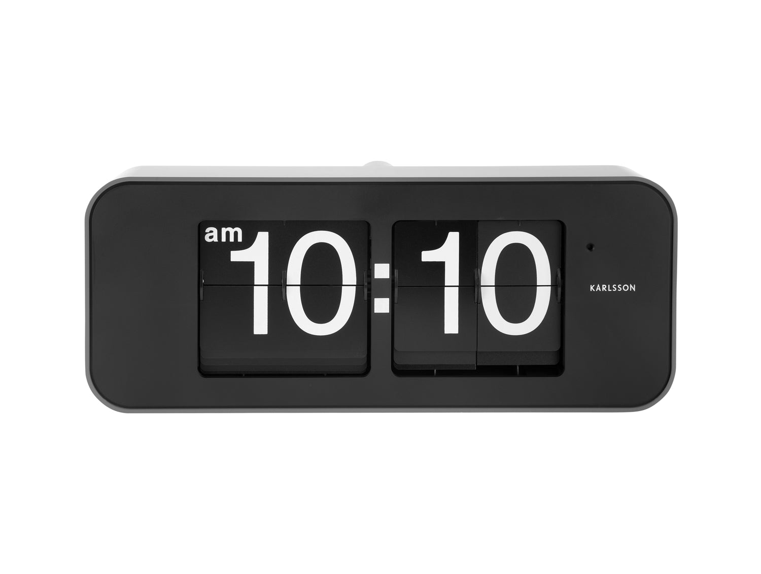 Väggklocka med fällbara siffror, tid 10:10, svart boett.
