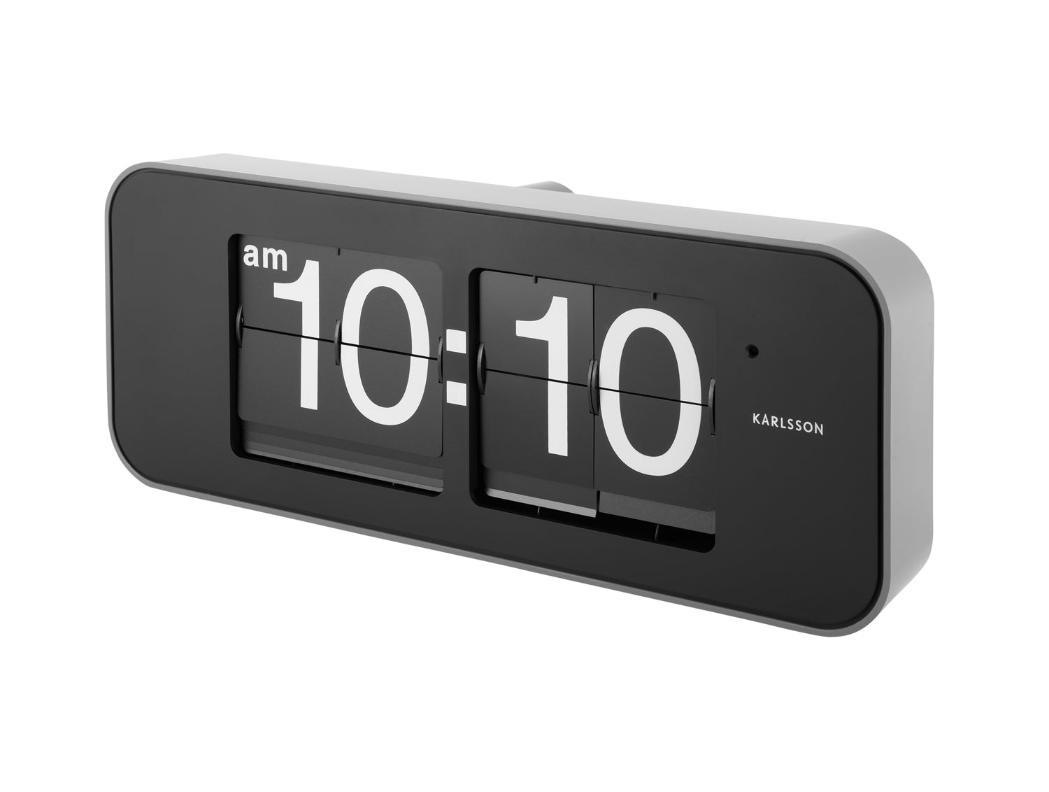 Väggklocka med blädderdisplay, tid 10:10, sidovy.