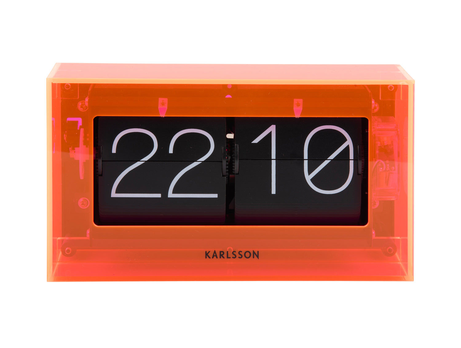 Neonguldfärgad bordsklocka med flip-display, akrylhölje, visar 22 och 10.