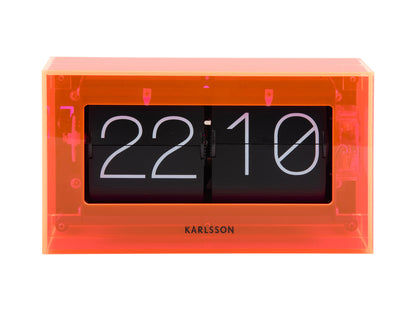 Neonguldfärgad bordsklocka med flip-display, akrylhölje, visar 22 och 10.