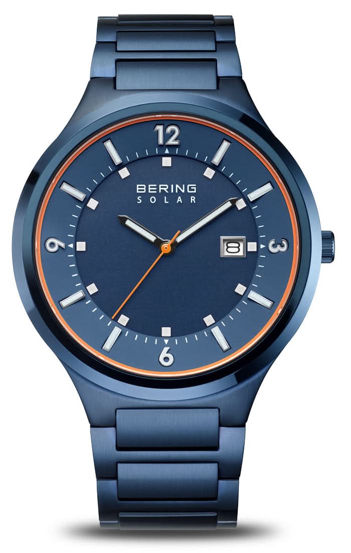 Herrarmbandsur med blå urtavla, orange bezel och metallarmband