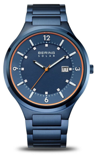 Herrarmbandsur med blå urtavla, orange bezel och metallarmband