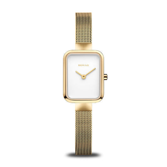 Bering Damenuhr mit goldenem Viereckgehäuse, Milanaise-Armband und weißem Zifferblatt
