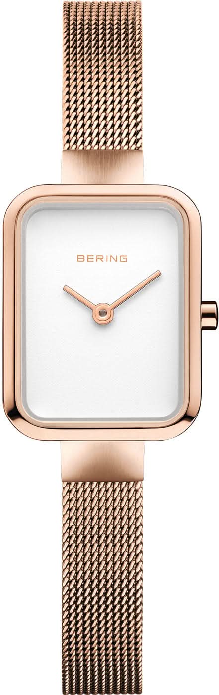 Bering damklocka: roséguldigt fyrkantigt urverk, vit urtavla, milanesarmband