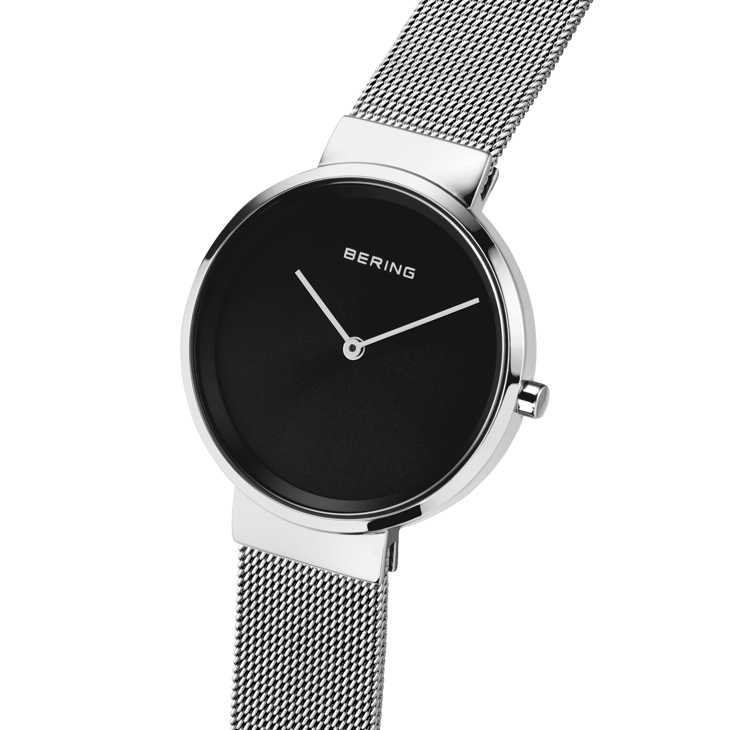 Damenuhr mit schwarzem Zifferblatt, schlankem silbernem Gehäuse und Milanaise-Armband
