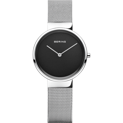 Damenuhr mit schwarzem Zifferblatt, runder Lünette und silbernem Milanaise-Armband