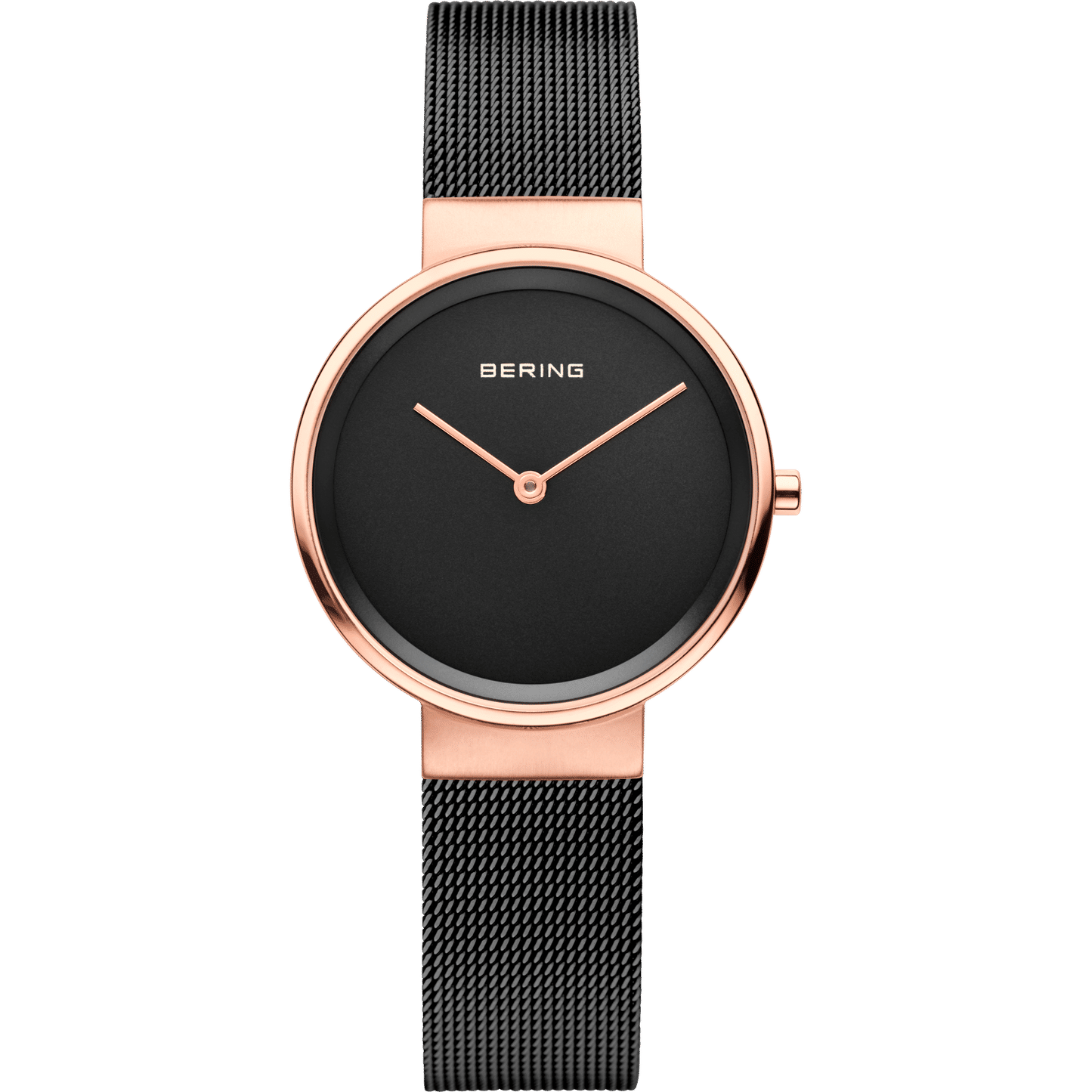 Bering Damenuhr mit schwarzem Zifferblatt, roségoldenem Gehäuse und Milanaise-Armband