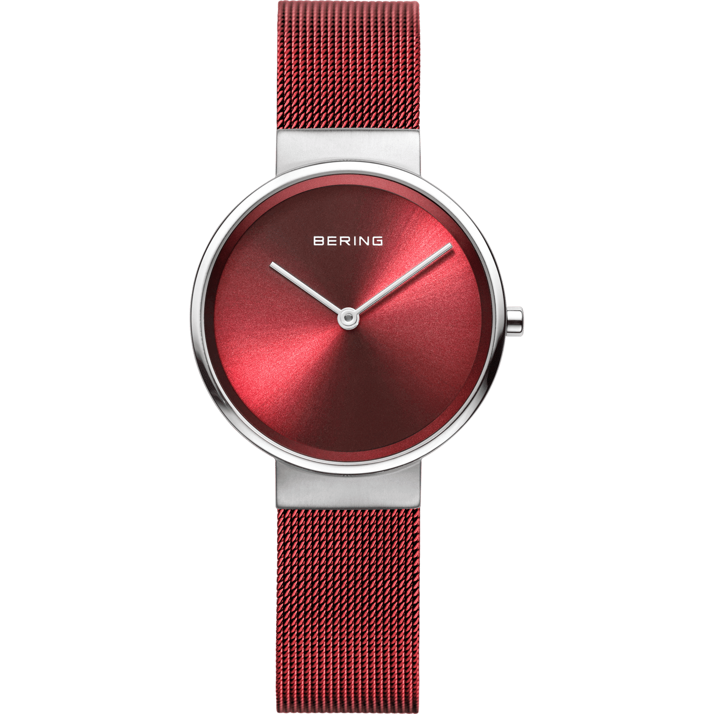 Damenuhr mit rotem Zifferblatt und Milanaise-Armband, silberfarbene Gehäusefassung
