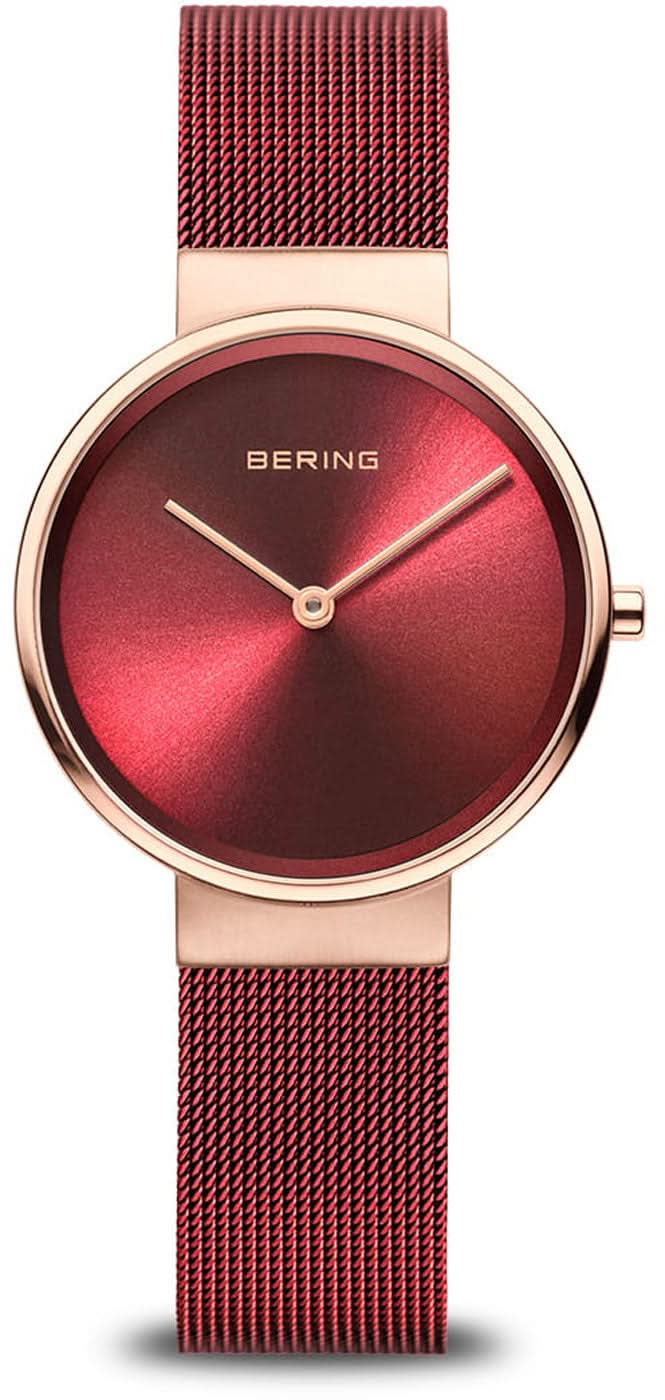 Bering damklocka med roséguldpläterat hölje och rödskimrande urtavla, mesharmband