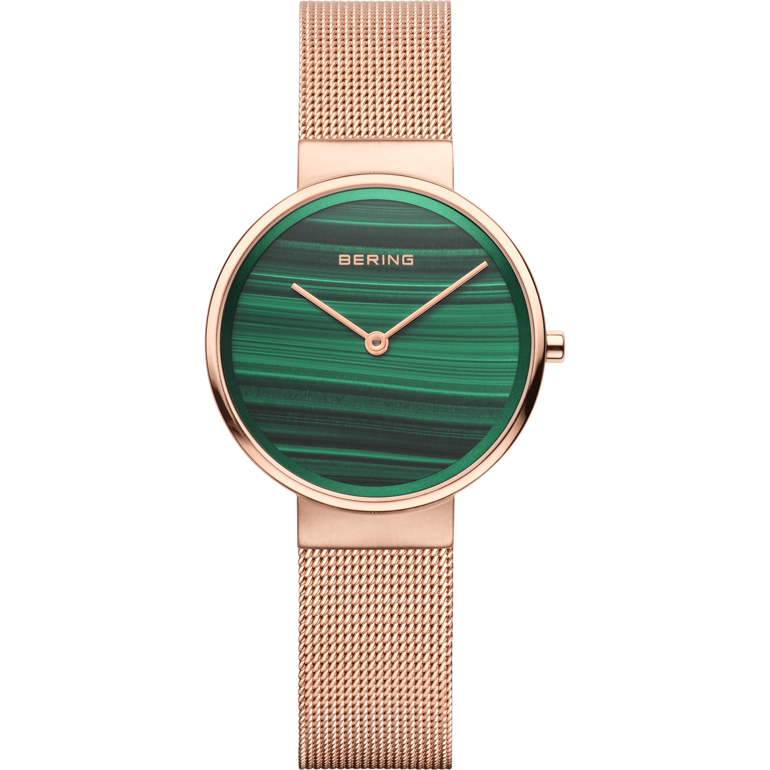 Bering Classic Damenuhr mit grünem Zifferblatt und roségoldenem Milanaise-Armband