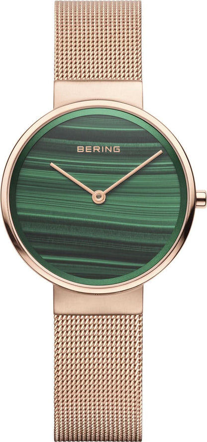 Bering damklocka med grön urtavla och roséfärgat milanesarmband