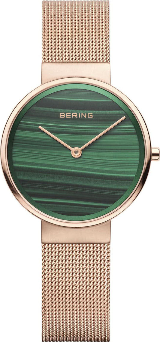 Bering damklocka med grön urtavla och roséfärgat milanesarmband