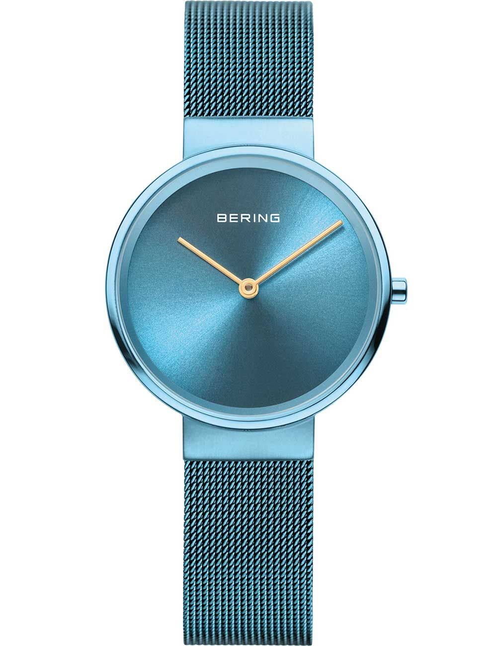 Bering Uhr mit blauem Zifferblatt und Milanaise-Armband, rundes Gehäuse