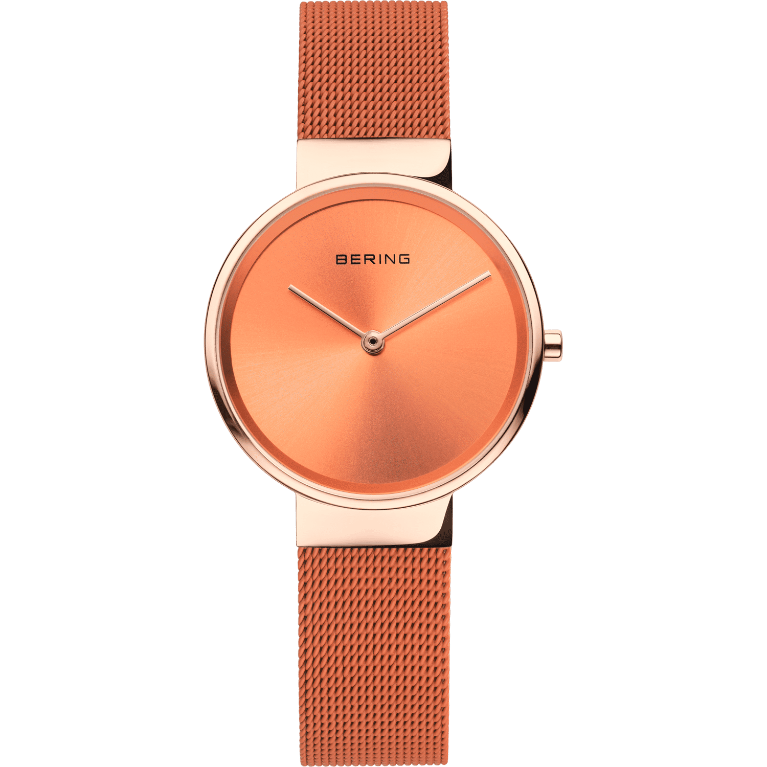 Bering Classic Damenuhr mit orangefarbenem Zifferblatt und Milanaise-Armband