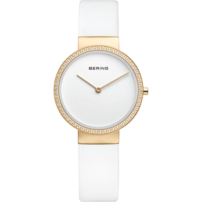 BERING Damenuhr mit weißem Zifferblatt, goldener Lünette und weißem Armband