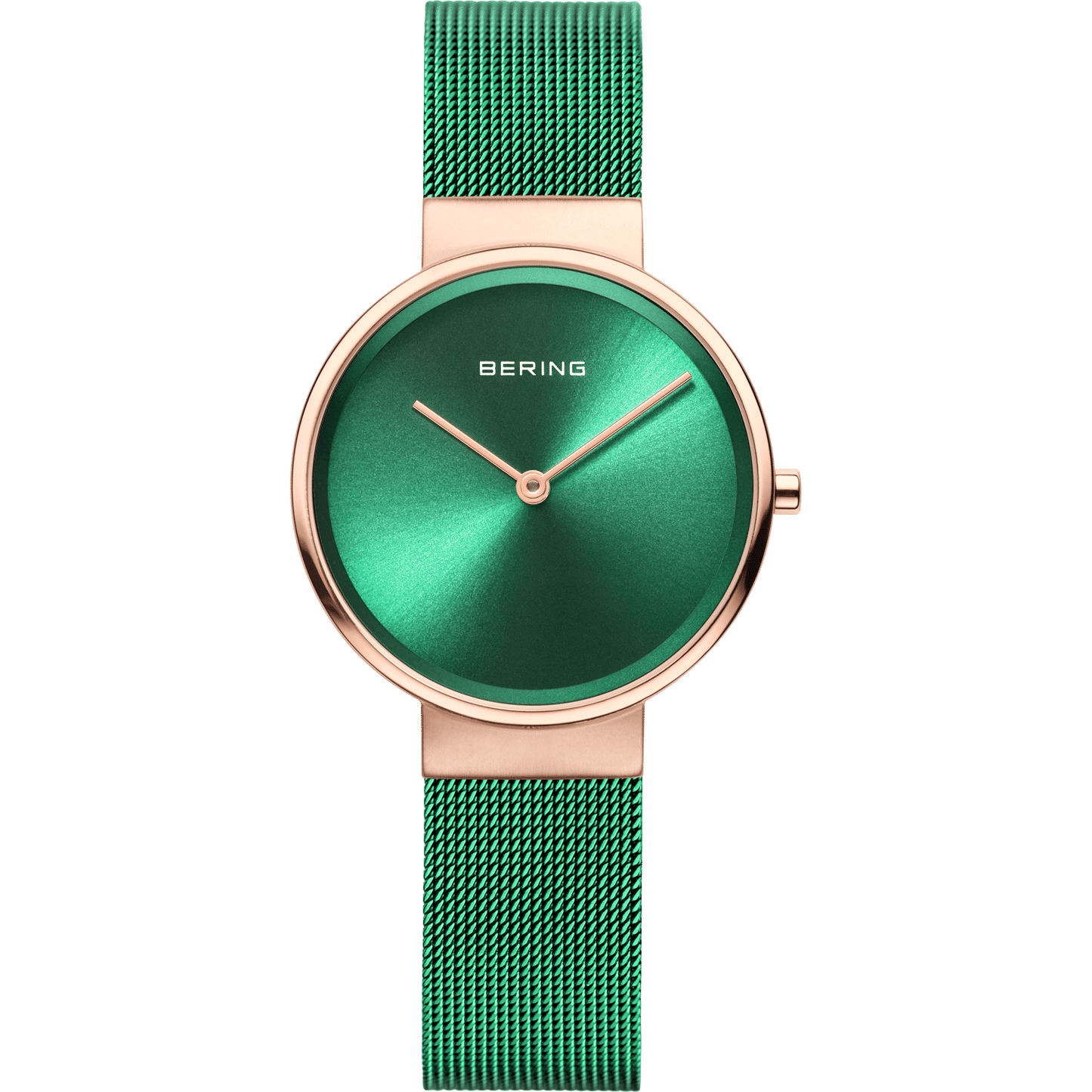 Bering Damenuhr mit grünem Zifferblatt und Milanaise-Armband