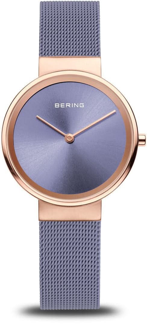 Damenuhr: roségoldenes Gehäuse, blaues Zifferblatt mit Zeigern, blaues Milanaise-Armband