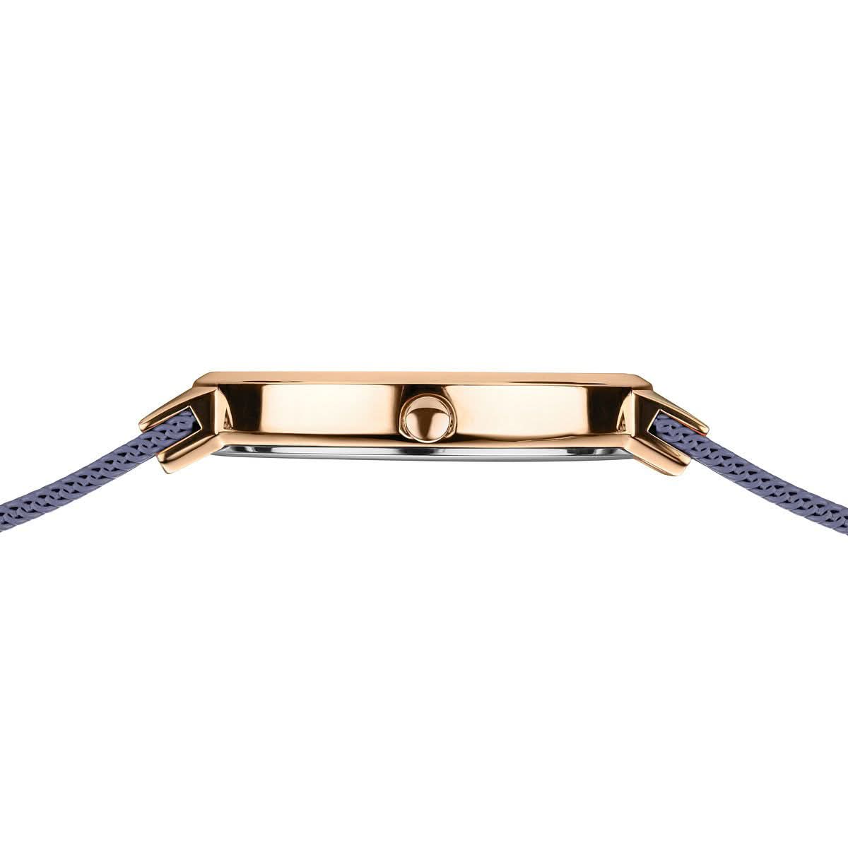 "Damklocka med roséguldpläterad spänne och blått milanesarmband"