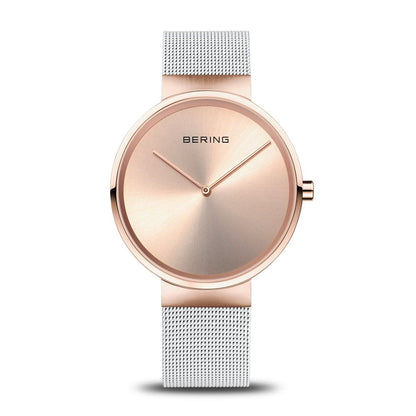 Armbandsur med roséguldpläterat hölje, silverfärgat Milanese-armband och beige urtavla