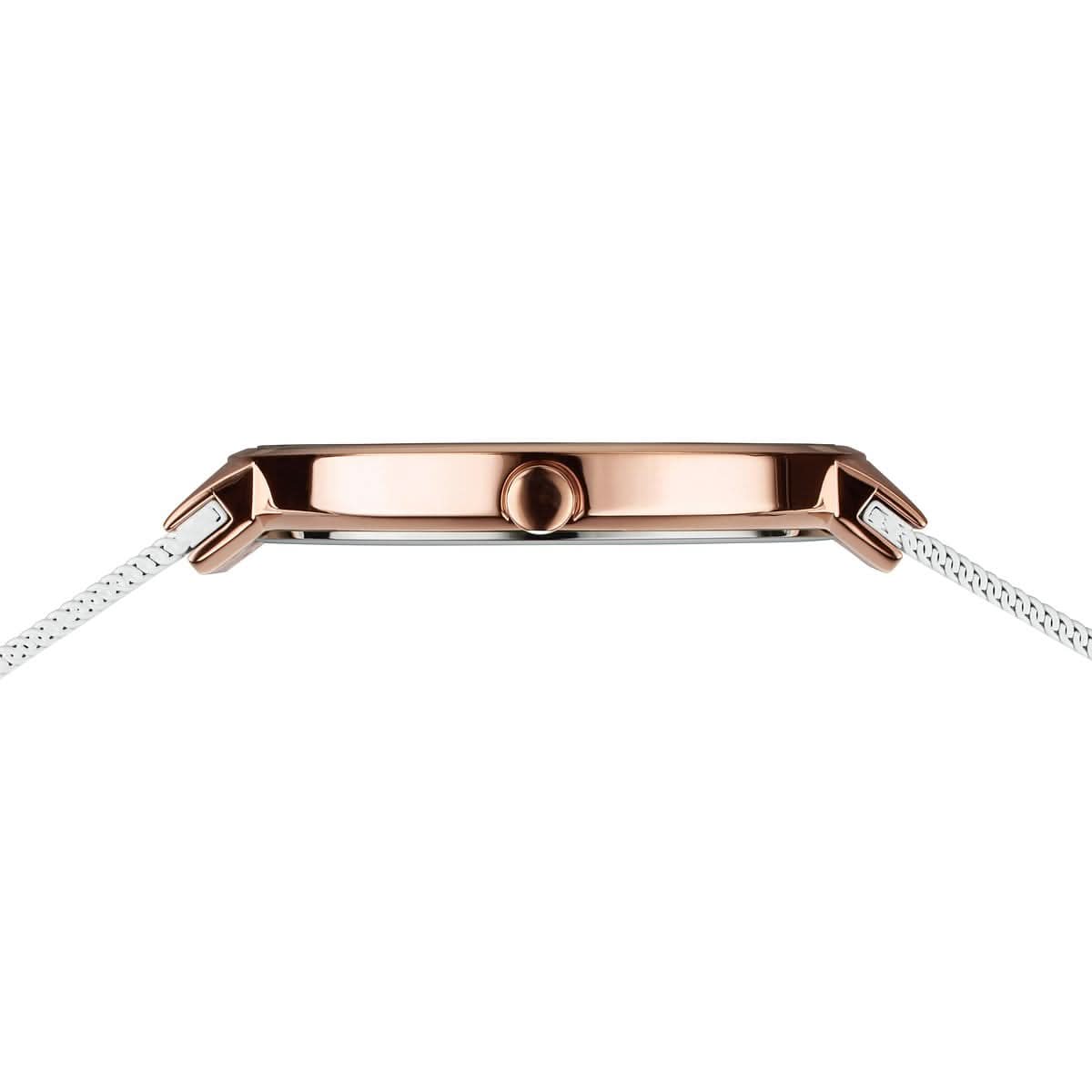 Armbandsur baksida: roséguldpläterad botten, silverfärgat Milanese-band med gravyr