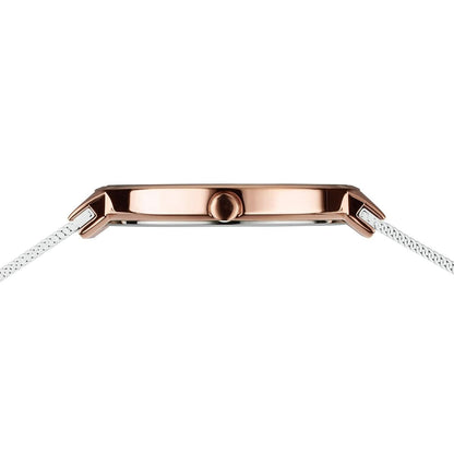 Armbandsur baksida: roséguldpläterad botten, silverfärgat Milanese-band med gravyr